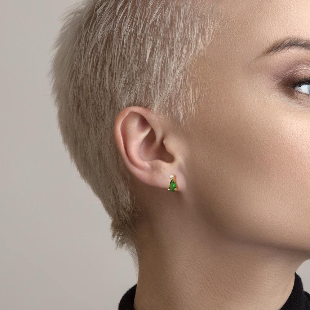 kolczyki wkrętki złoto żółte 750/18 K Granat zielony, 2 kamienie, Diament 0.05 ct, w-si