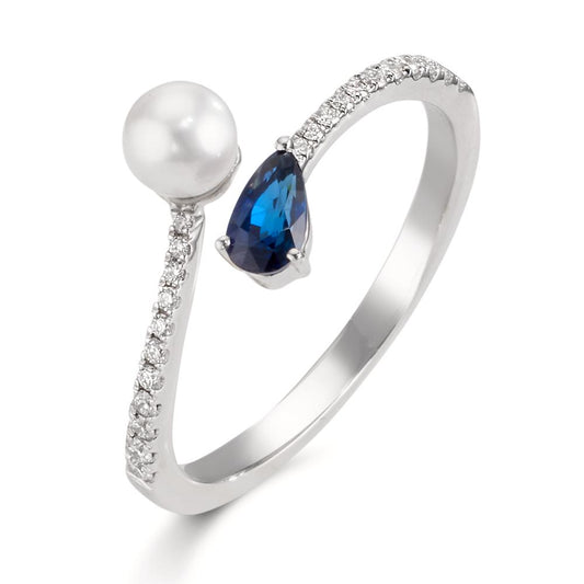 pierścionek złoto białe 750/18 K Diament 0.105 ct, w-si, Szafir Perły Akoya 3.5-4 mm