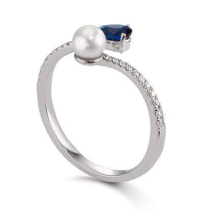 pierścionek złoto białe 750/18 K Diament 0.105 ct, w-si, Szafir Perły Akoya 3.5-4 mm