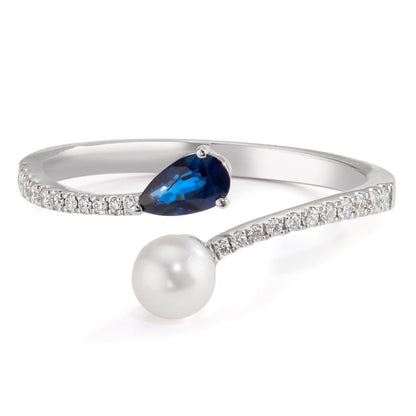 pierścionek złoto białe 750/18 K Diament 0.105 ct, w-si, Szafir Perły Akoya 3.5-4 mm