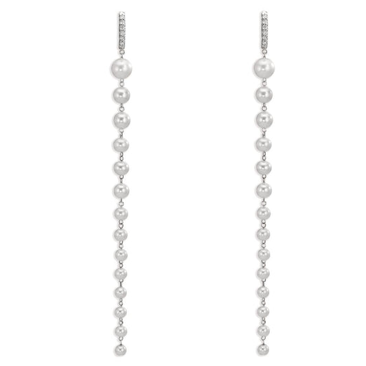 kolczyki koła zatrzaskowe złoto białe 750/18 K Diament 0.12 ct, 12 kamienie, tw-si Perła hodowana w wodzie słodkiej, 28 Perły
