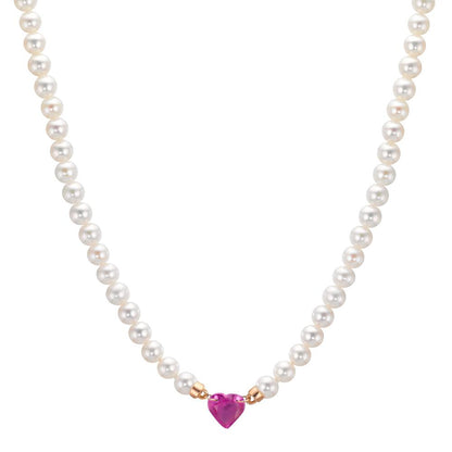 Naszyjnik złoto czerwone 750/18 K Rubin 0.62 ct Perła hodowana w wodzie słodkiej, 3.5 mm Serce 40-44 cm